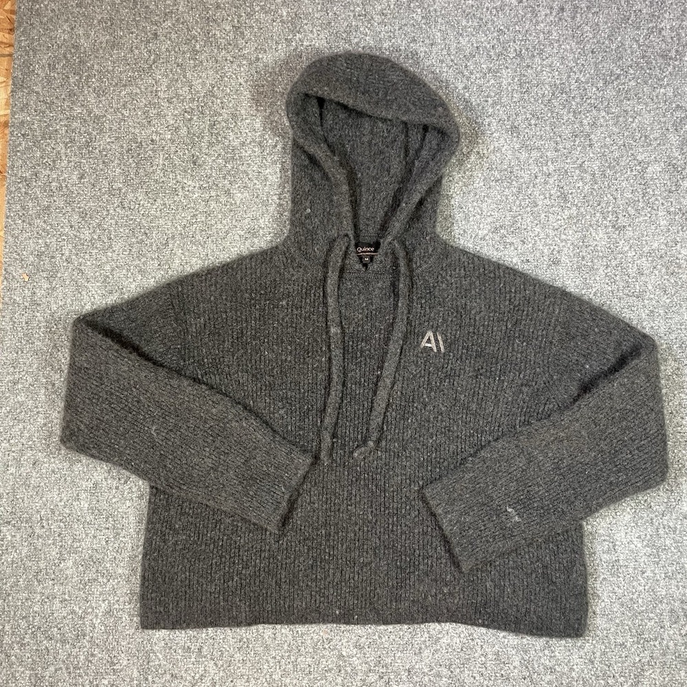 Quince Cropped Hoodie Womens Medium Gray Mongolian Cashmere Ribbed Knit Pullover